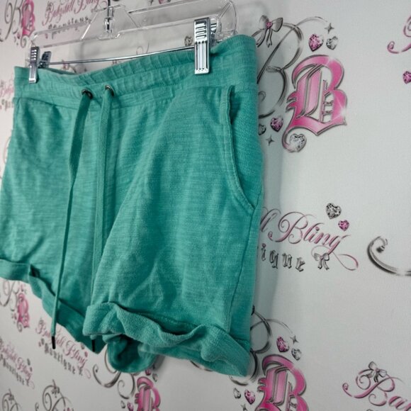 Danskin shorts fold over hem bottom tie up waist blue Turquoise Athletic Shorts - Picture 3 of 11